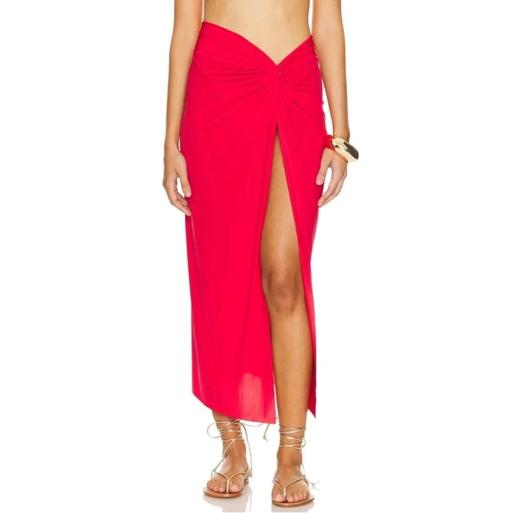 New ViX Karen Twist Pull-On Solid Red Midi Swim Beach Pareo Cover-Up Skirt Med